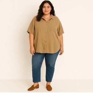 ROSETTES PLUS Tan Linen Blend Short Sleeve Button Down Shirt Top 3X, Plus Size